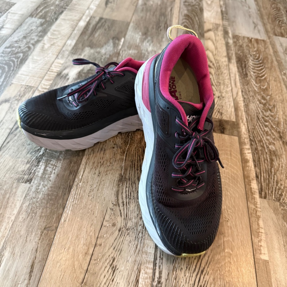 Hoka Womens Gorpcore Running Shoes Bondi 7 Mesh Black Pink Low Top Sneakers 8